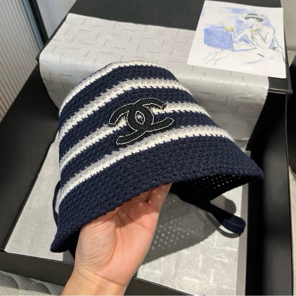 CHANEL Navy and White Striped Hat
